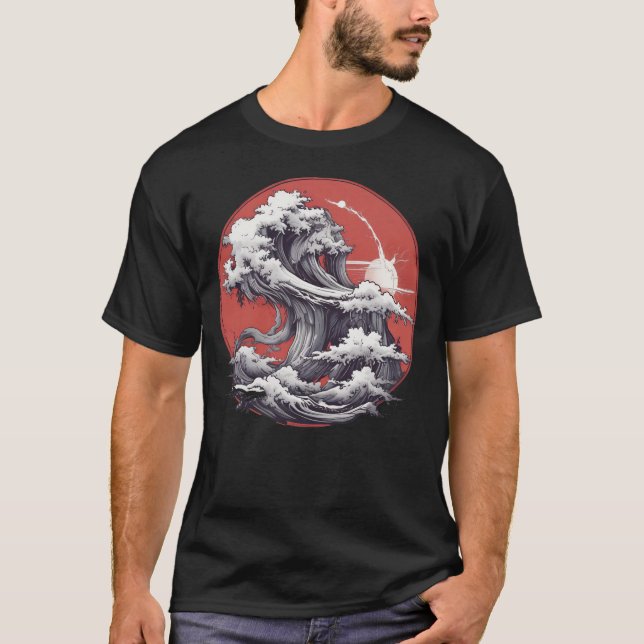T-shirt illustrant les vagues de la mer de style j (Devant)