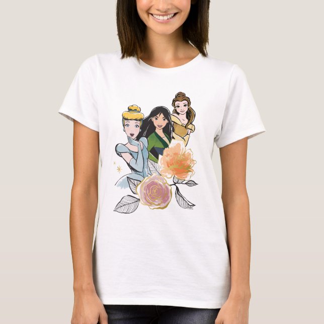 T-shirt Illustration de Cendrillon, Mulan et Belle Florale (Devant)