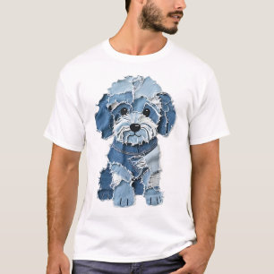 T-shirt Illustration de chien en patchwork de denim mignon