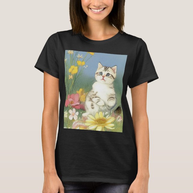 T-shirt Illustration de Kitten vintage avec Fleurs Jaunes (Devant)