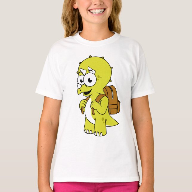 T-shirt Illustration De Tricératops Avec Sac À Dos. (Devant)