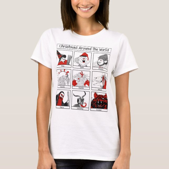 T-shirt Illustration des personnages de Noël dans le monde (Devant)