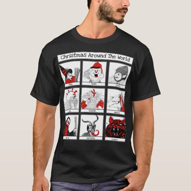 T-shirt Illustration des personnages de Noël dans le monde (Devant)