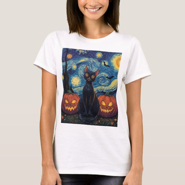 T-shirt Illustration d'Halloween de chat noir mystique (Devant)