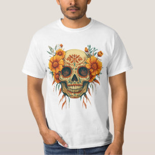 T-shirt Illustration d'un Crâne de Fête des Morts avec Fle