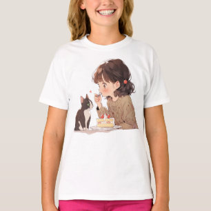 T-shirt illustré d'une fille nourrissant un chat