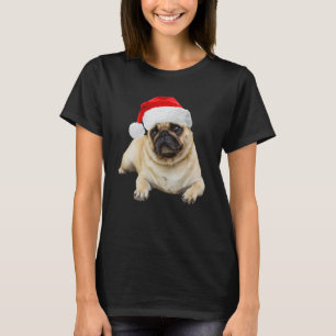 T-shirt Image de Pug Brun Mignon avec Chapeau de Père Noël