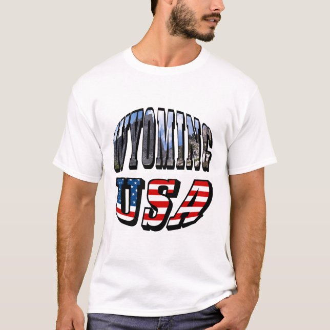 T-shirt Image du Wyoming et texte du drapeau des États-Uni (Devant)