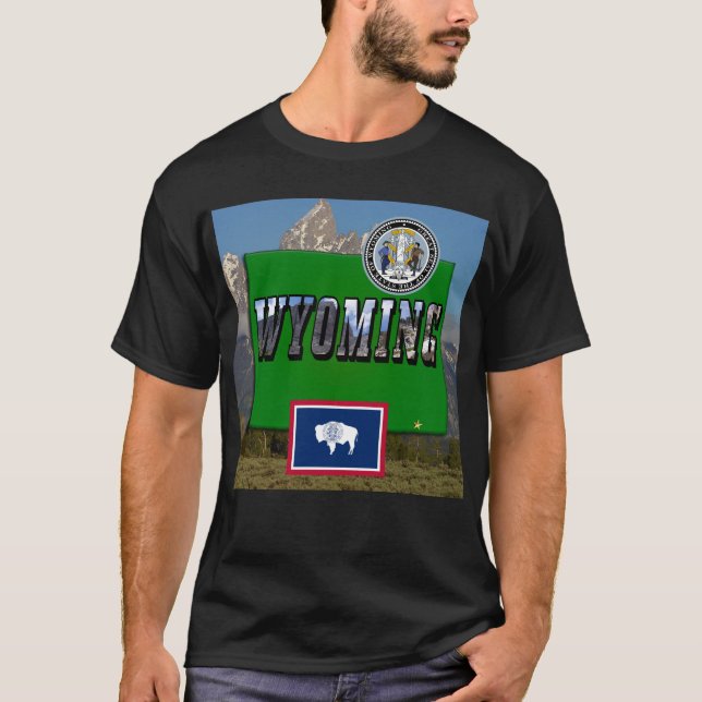 T-shirt Image et texte du Wyoming, carte, drapeau et sceau (Devant)