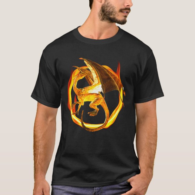 T-shirt Imaginaire magique du dragon de flamme d'or de feu (Devant)