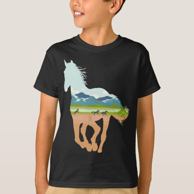 T-shirt Impression de cheval avec paysage Amoureux du chev (Devant)
