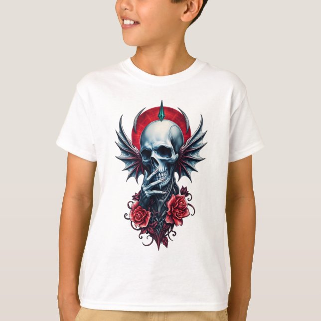T-shirt Impressionnant crâne réaliste avec ailes (Devant)