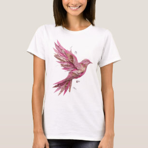 T-shirt Imprimé Oiseau Rose Argent Élégant