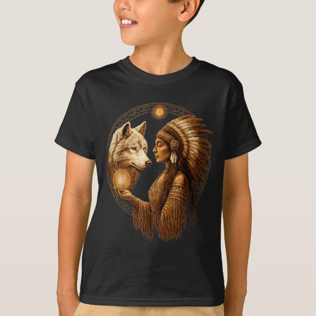T-shirt Indian Native American Woman With White Wolf Vinta (Devant)