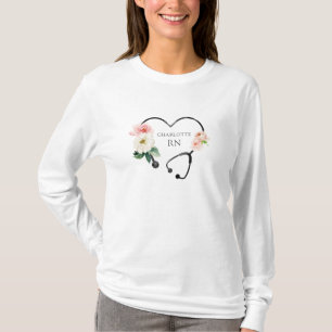 T-shirt Infirmière de stéthoscope du coeur floral personna