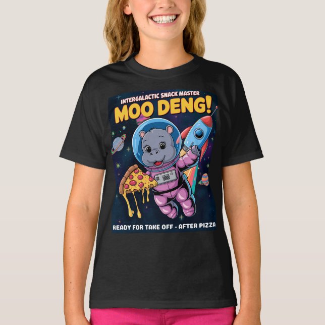 T-shirt Intergalactique Moo Deng Baby Hippo Pizza Aventure (Devant)