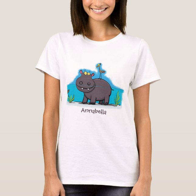 T-shirt Ippopotame drôle mignon avec dessin animé d'oiseau (Devant)