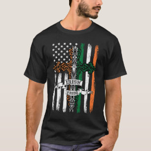 T-shirt Irish Pride Celtic Cross Irlande & USA Flag St Pat
