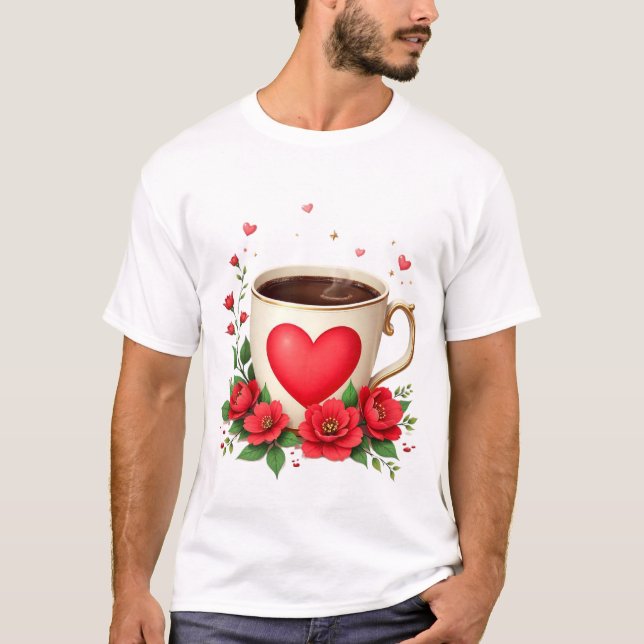 T-shirt It Is Coffee Time With Mug And Red Hearts (Devant)
