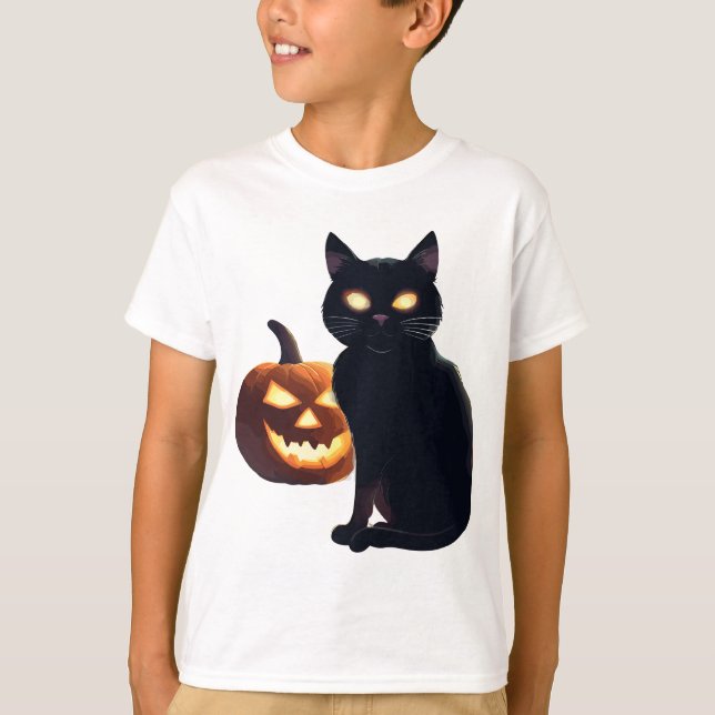 T-shirt Jack-o-lanterne et chat noir pour Halloween (Devant)