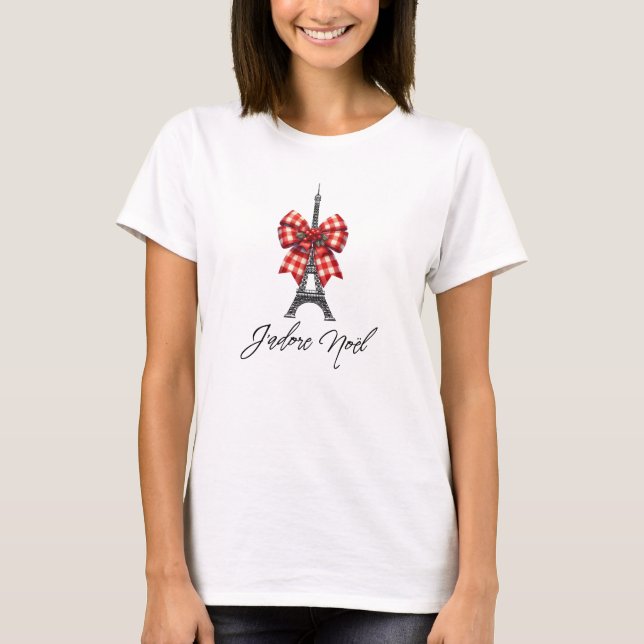 T-shirt J'adore Noël Eiffel Tower Red Plaid Christmas Bow (Devant)