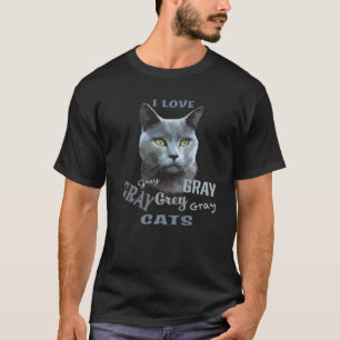 T-shirt J'Aime Gris, Gris, Gris Chats Russe Bleu Cute Chat