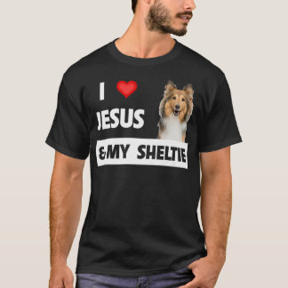 T-shirt J'aime Jésus et mon Sheltie Maman Papa Chien Shetl