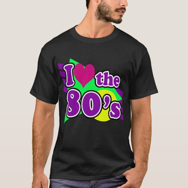 T-shirt J'aime la fête géométrique des années 80 Neon Eigh (Devant)