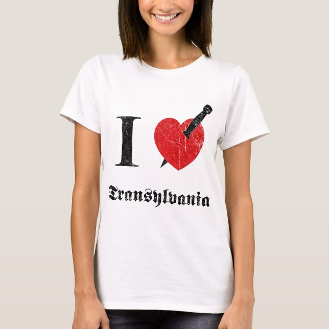 T-shirt J'aime la Transylvanie (la police érodée par noir) (Devant)