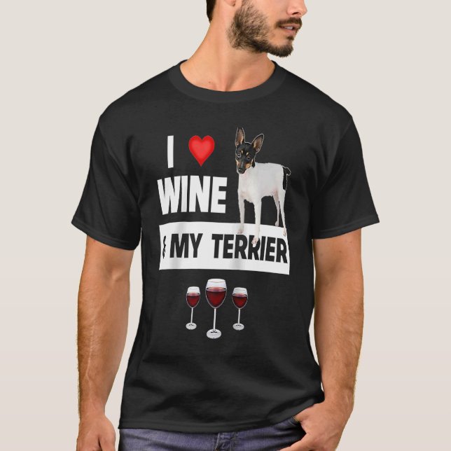 T-shirt J'aime le vin et ma fosse lisse Terrier chien mama (Devant)