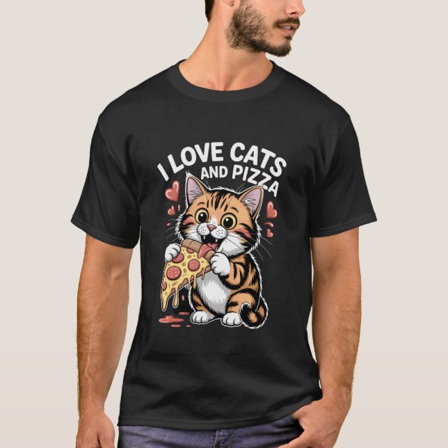 T-shirt J'aime les chats et la pizza drôle de chat (Devant)