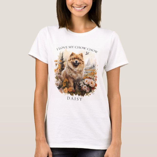 T-shirt J'Aime Mon Chow Chow Portrait Floral Chien (Devant)