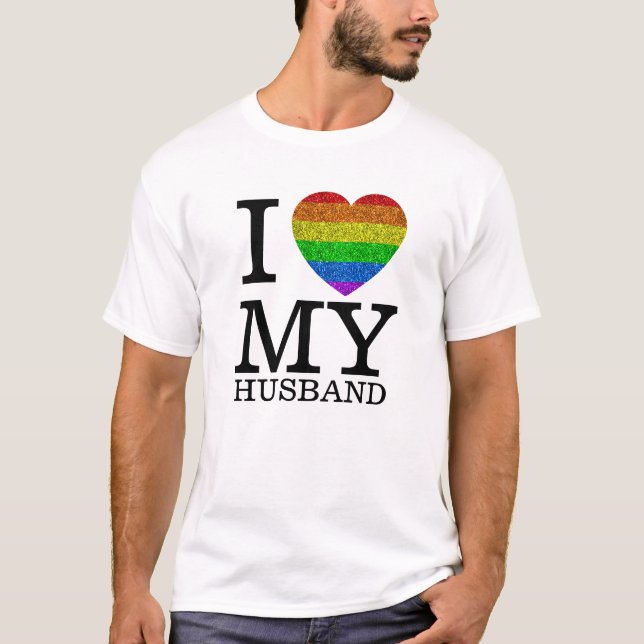 T-shirt J'aime mon mari LGBT coeur pétillant Saint Valenti (Devant)