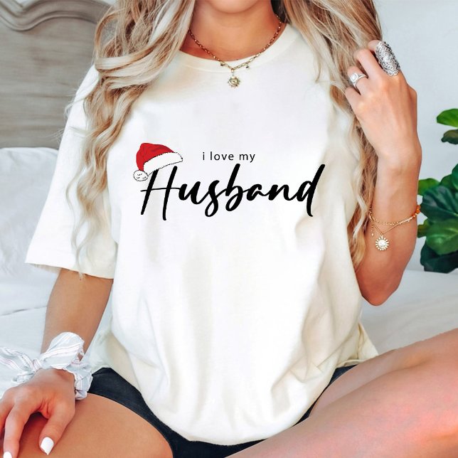 T-shirt J'Aime Mon Mari Noël Père Noël Blanc (I Love My Husband Christmas Santa Hat White T-Shirt)