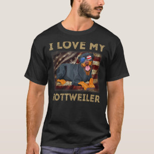 T-shirt J'aime mon Rottweiler papa maman Américain Drapeau