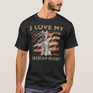 T-shirt J'Aime Mon Sibérie Husky Papa Maman Drapeau Améric