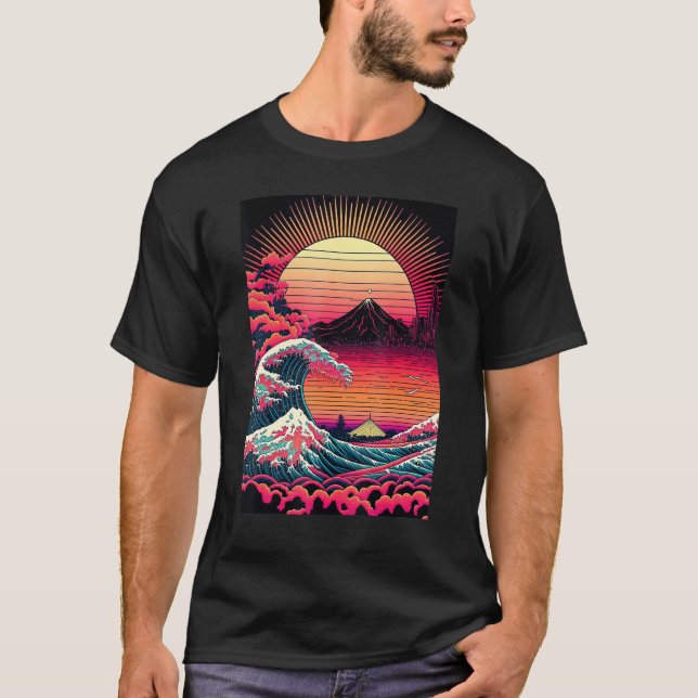 T-shirt Japanese Art Ukiyo-e Style Retrowave Great Wave Of (Devant)