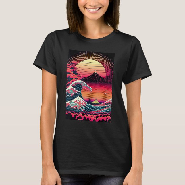 T-shirt Japanese Art Ukiyo-e Style Retrowave Great Wave Of (Devant)