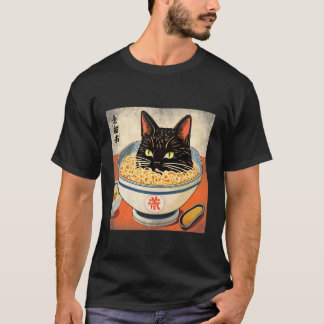 T-shirt Japanese Black Cat Head in A Bowl of Ramen for Cat