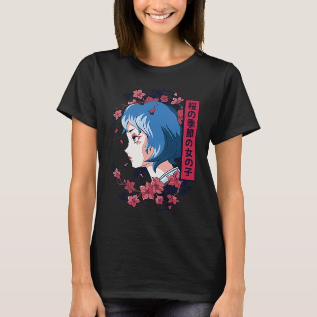 T-shirt Japanese girl with cherry blossoms sakura Japanese (Devant)