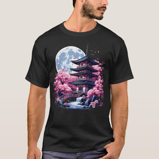 T-shirt Japanese Sakura Garden Geisha Mount Fuji Cherry Bl (Devant)