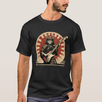 T-shirt Japanese Samurai Cat Playing Electric Guitar Retro