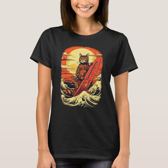 T-shirt Japanese Samurai Cat with wave & mountain Illustra (Devant)