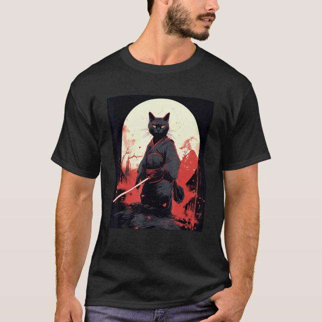 T-shirt Japanese Warrior Cat Ninja Mask Kitsune (Devant)