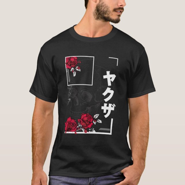 T-shirt Japonais Aesthétique Crâne Rose Japon Goth Gothiqu (Devant)