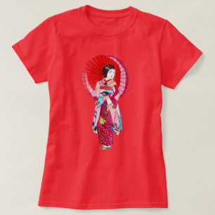 T-shirt Japonais Geisha rouge kimono art mignon