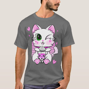 T-shirt Japonais Kawaii Neko Chat Boire Boba Tea