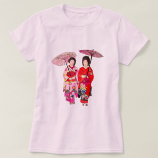 T-shirt Japonais mignon Geisha avec kimono rose