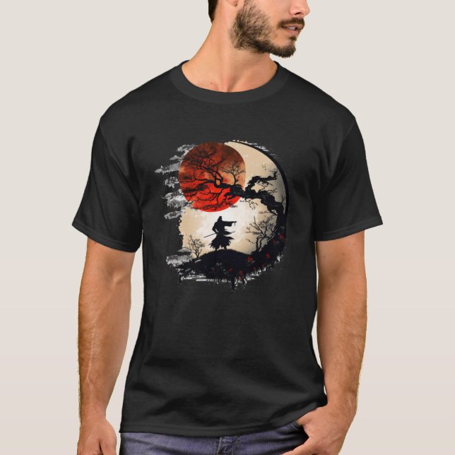 T-shirt Japonais Samurai Cerisier Fleur Rouge Lune Arbre L (Devant)