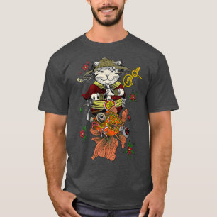 T-shirt Japonais Samurai Katana Ninja Chat et Koi poisson 